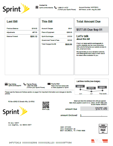 USA Sprint utility bill template in Word and PDF formats, version 3
